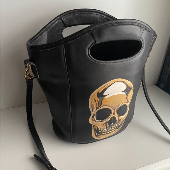 Coach Black Leather Gold Skull Skeleton Shopper Tote 9993 Bag Crossbody handbag - Picture 3 of 16